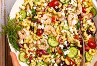 Greek Shrimp Pasta Salad with Feta, Olives and Lemon