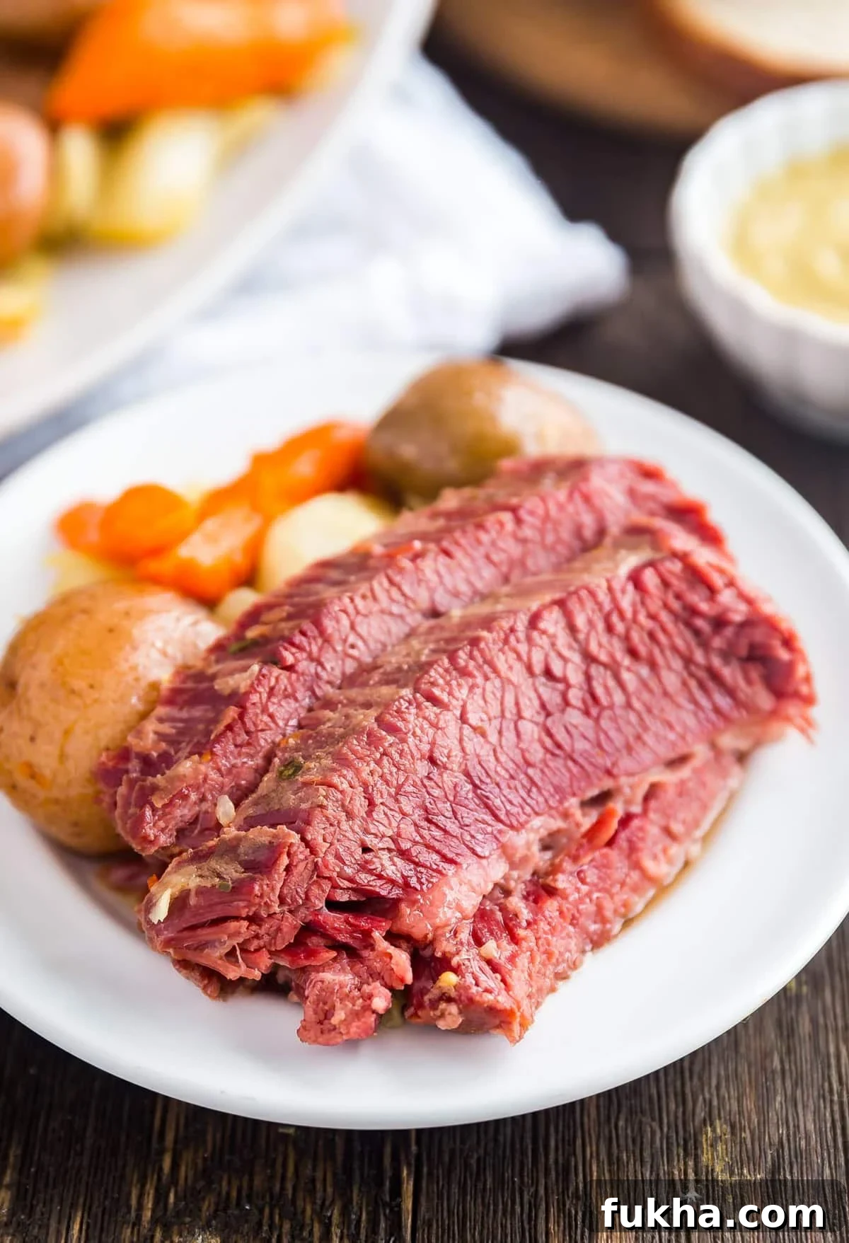 Corned beef and potatoes, cabbage and carrot on a white plate.