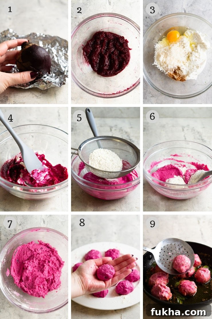Step by step photos for making beetroot ricotta gnudi