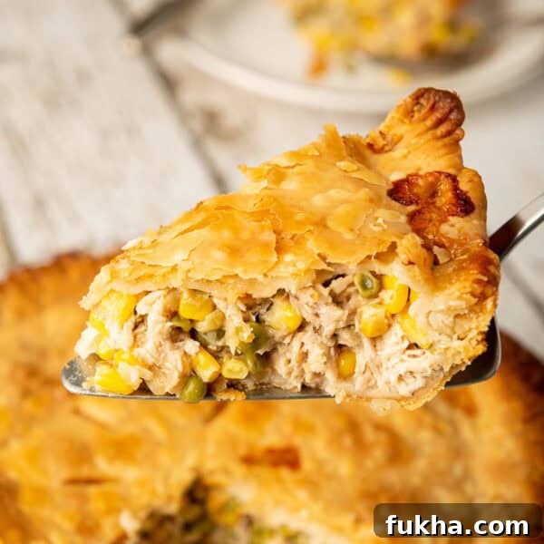 A slice of homemade chicken pot pie on a serving spatula.