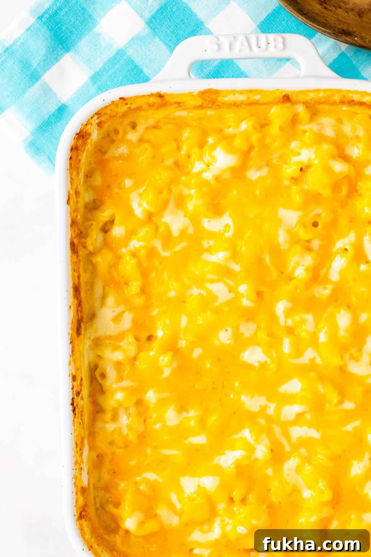 One-Pot No-Boil Mac and Cheese 7 Top-down view of a baking dish filled with baked creamy macaroni and cheese.