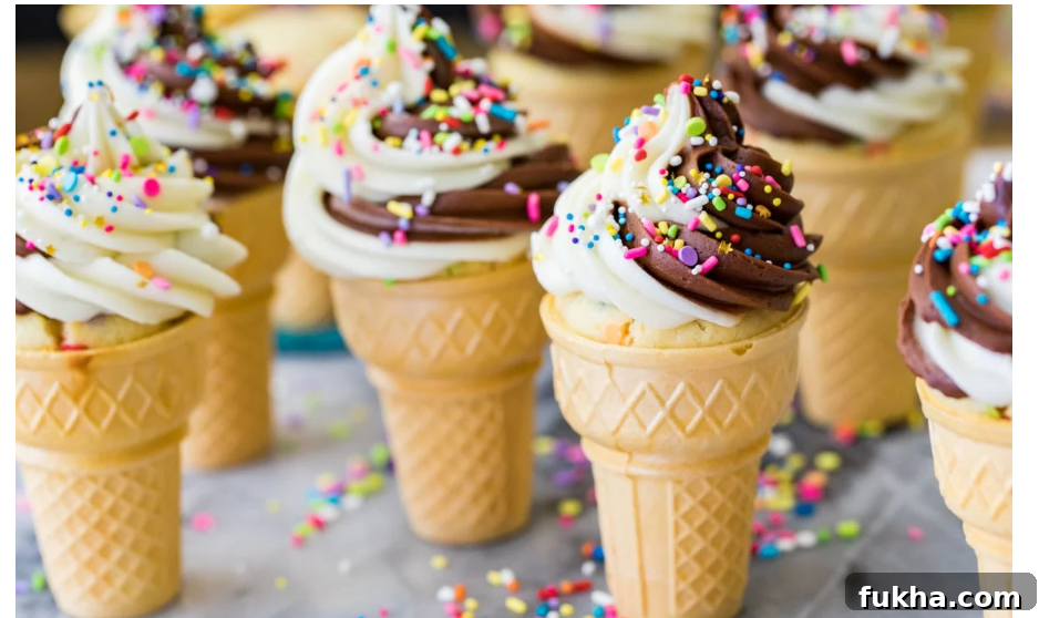 ice cream cone cupcakes sitting on table with sprinkles scattered on marble table 