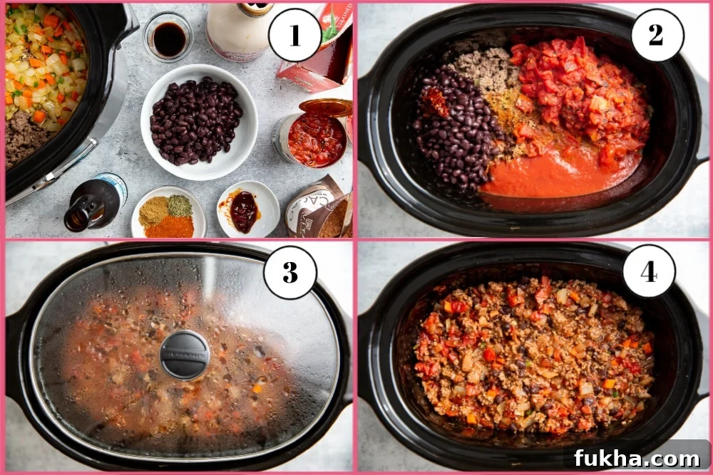 Slow-Cooker Beef Chili Recipe with Rich Smoky Flavor 5 Process shot divided into four quadrants showing the steps for making beef chili in the slow cooker.