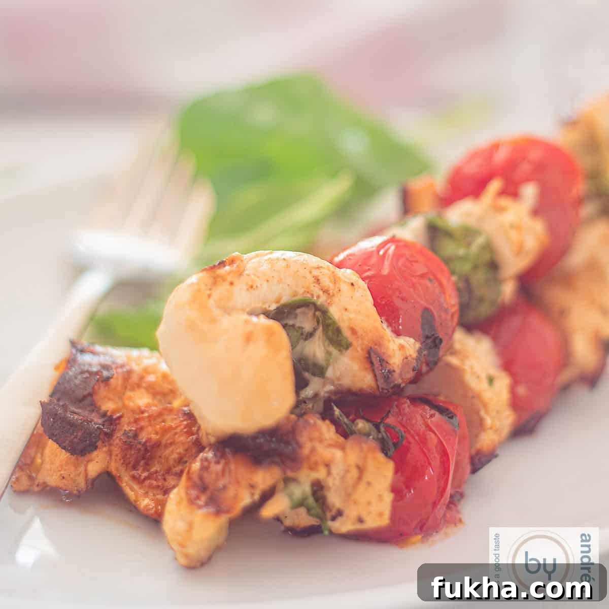 A square photo of three skewers with chicken, basil, mozzarella and tomatoes.