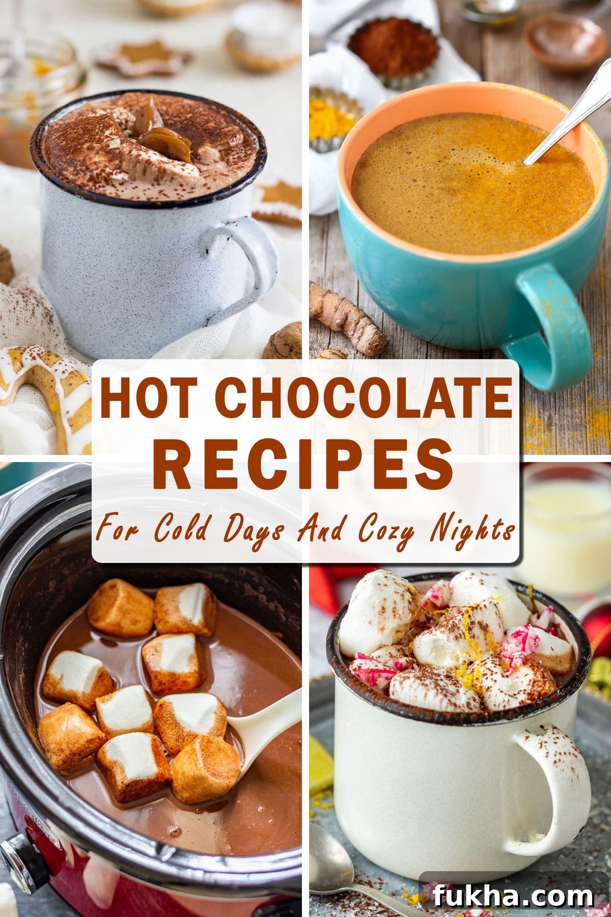 Collage showing slow cooker hot chocolate, turmeric hot chocolate and marshmallow topped mugs, illustrating a roundup of hot chocolate recipes for cold days and cozy nights.