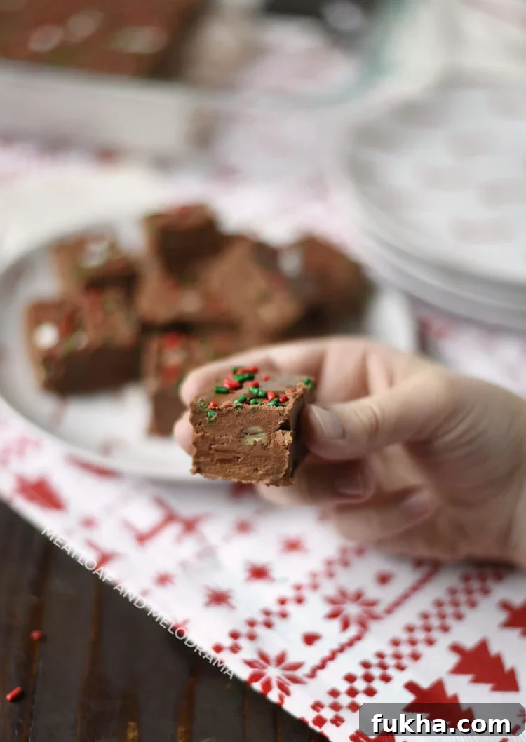 piece of chocolate fantasy fudge in hand