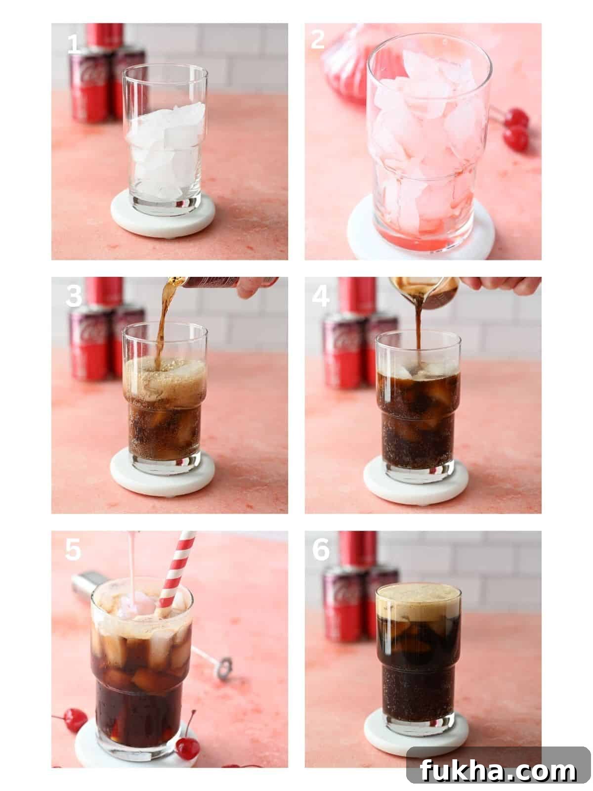 Cherry Americola: Cherry Coffee Drink Recipe 4 A collage of 6 pictures showing how to make a cherry americola drink in a clear glass with ice.