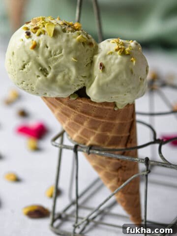 Pistachio ice cream on a waffle cone in a metal holder.
