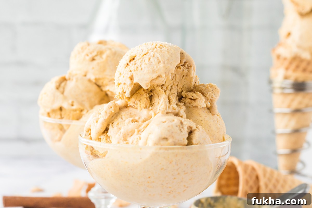 2 glass bowl filled with Pumpkin Ice Cream scoops.