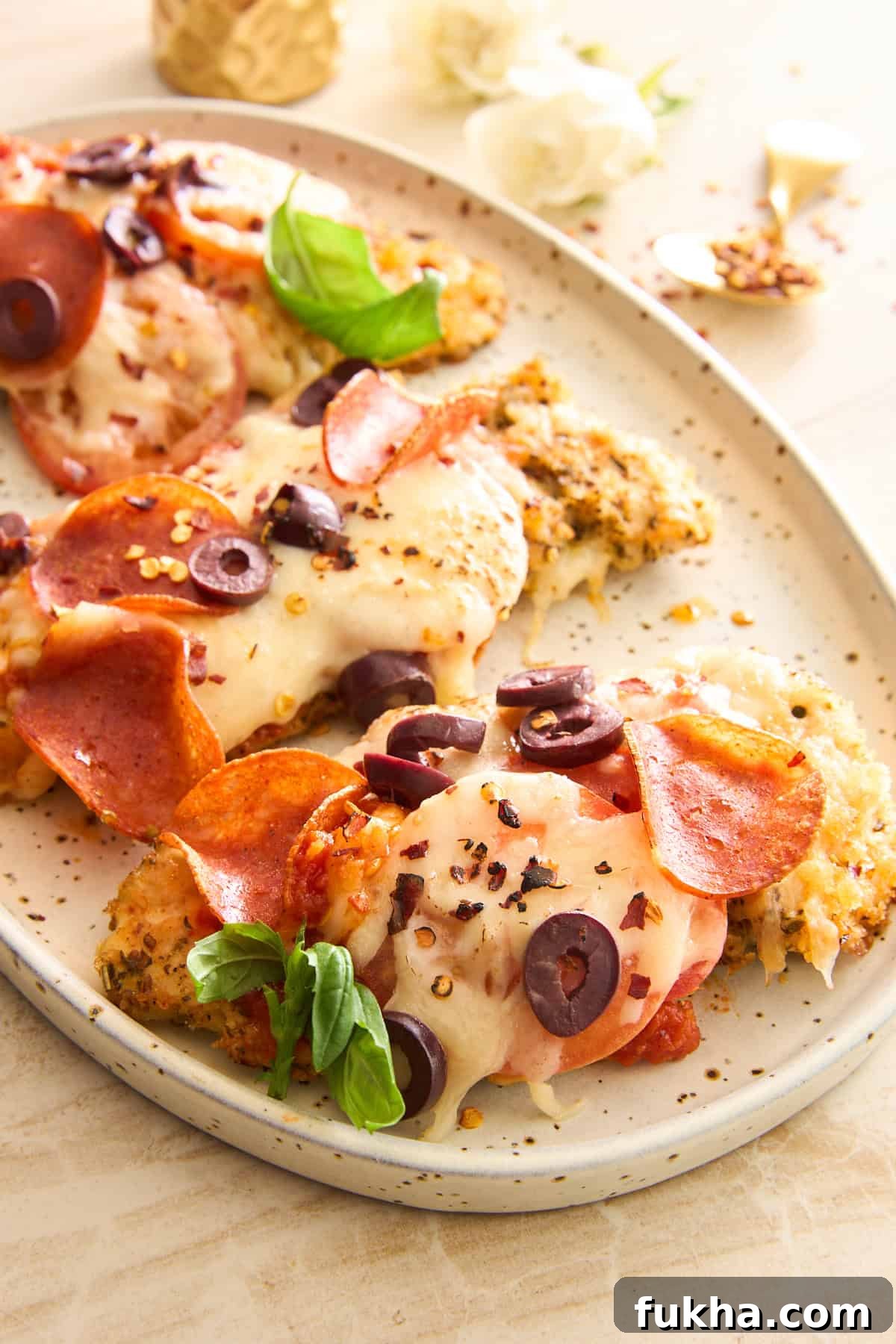 A plate of baked chicken topped with melted cheese, pepperoni slices, black olives, red pepper flakes, and fresh basil, served on a speckled oval dish.