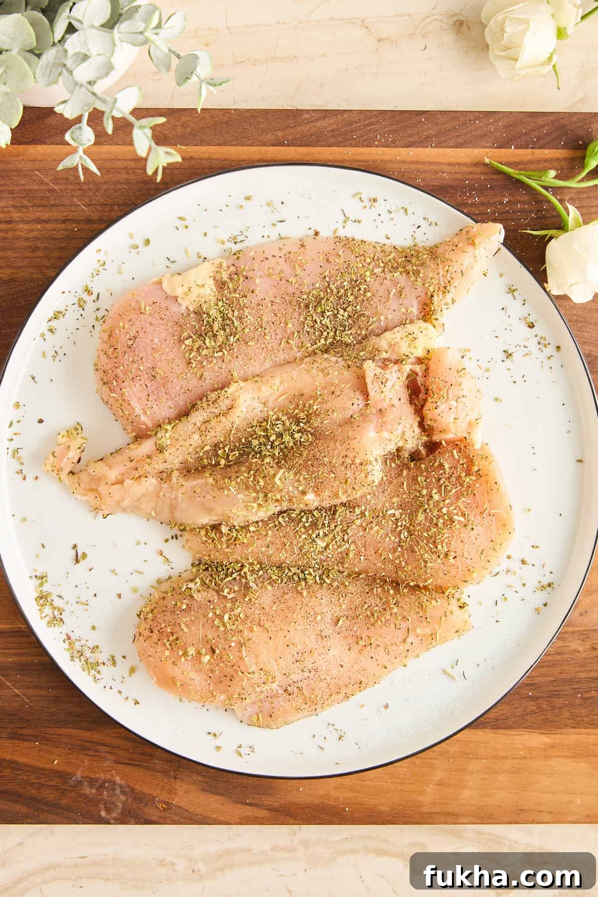 Four raw, seasoned chicken breasts are arranged on a white plate, sprinkled with herbs and spices.