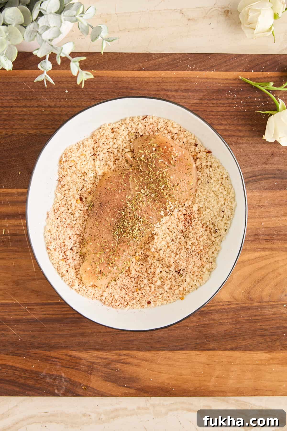 A raw, seasoned chicken breast rests in a bowl of breadcrumbs on a wooden cutting board.