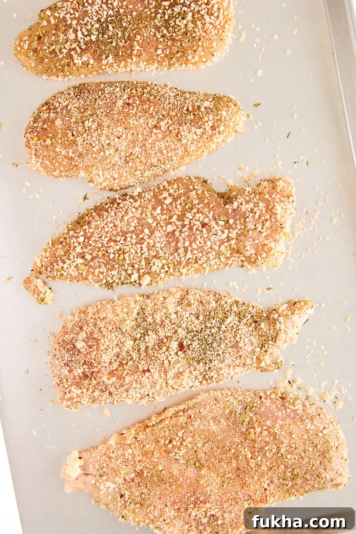 Five raw, breaded chicken cutlets are arranged in a row on a metal baking sheet, coated with herbs and breadcrumbs, ready to be cooked.