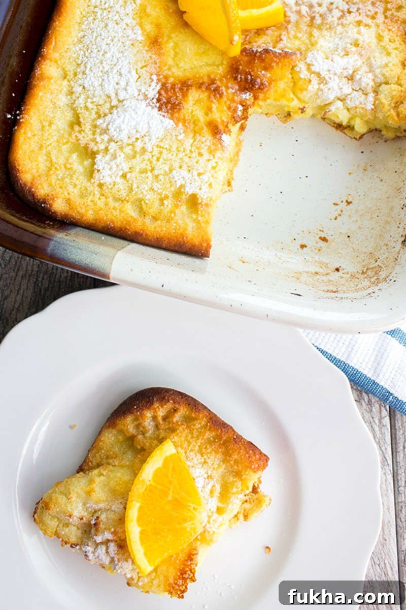 A classic breakfast dish bursting with citrus flavor, this Orange Ricotta Dutch Baby Recipe is a toothsome dish that'll leave everyone asking for seconds! over head picture of orange ricotta dutch baby in baking dish and a portion plated