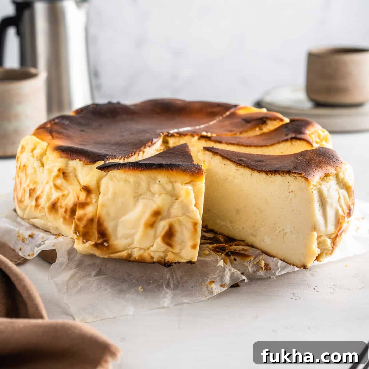 How to Make San Sebastian Burnt Basque Cheesecake 2 Sliced San Sebastian cheesecake on parchment paper.