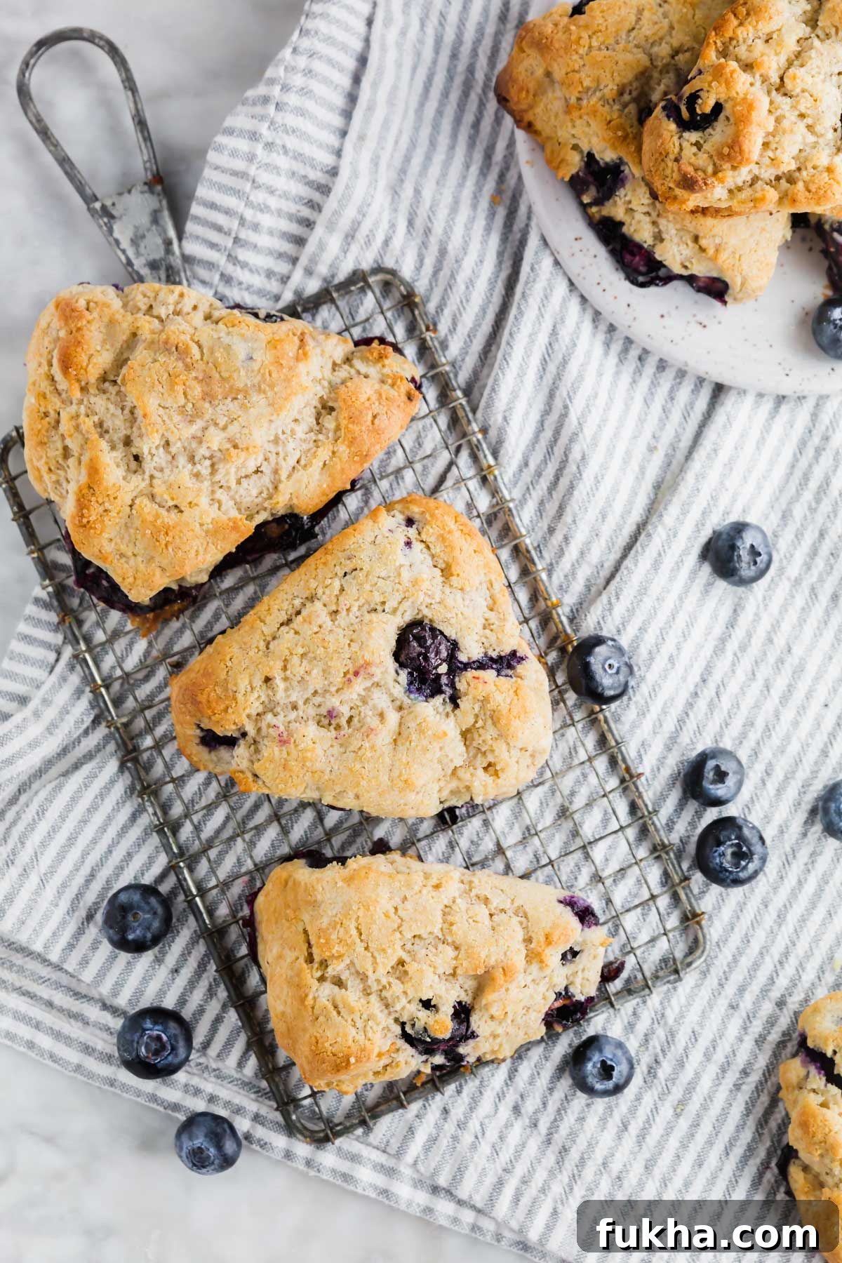 An aerial view of three gluten-free blueberry scones on a drying rack with fresh blueberries surrounding it.