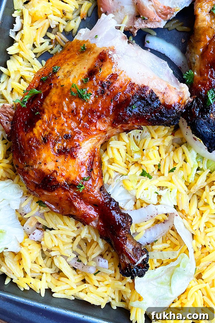 Crispy One-Pan Oven-Baked Spatchcock Chicken 3 Closeup Shot of Baked Chicken Quarter on a Bed of Rice
