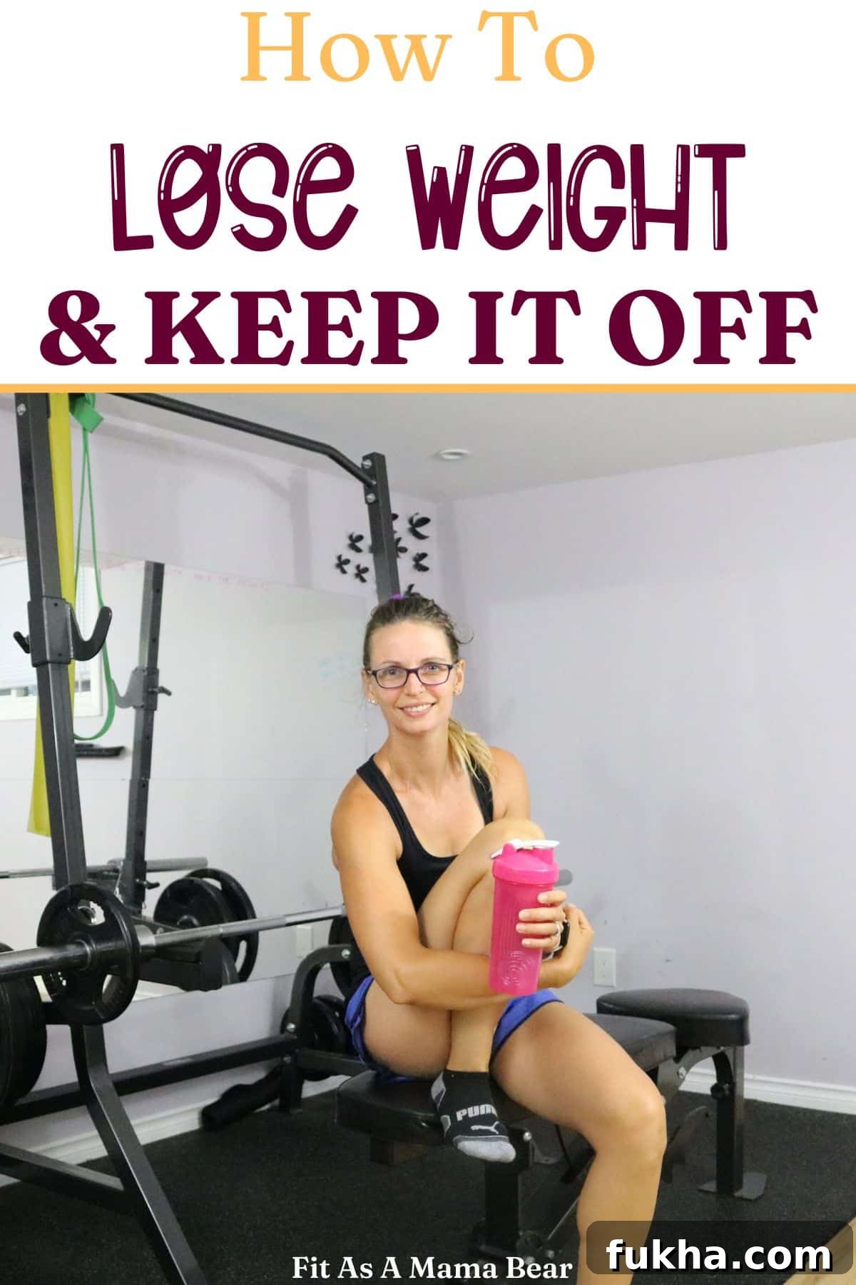 Woman in tank top and shorts sitting on a bench in the gym with text about weight loss above the image.