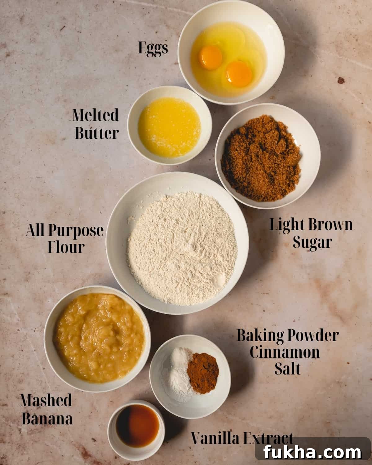 For the Banana Donuts:
Dry Ingredients:  Gather all purpose flour, baking powder, ground cinnamon and salt.
Wet Ingredients: Gather brown sugar, eggs, mashed bananas, melted butter and vanilla extract. 