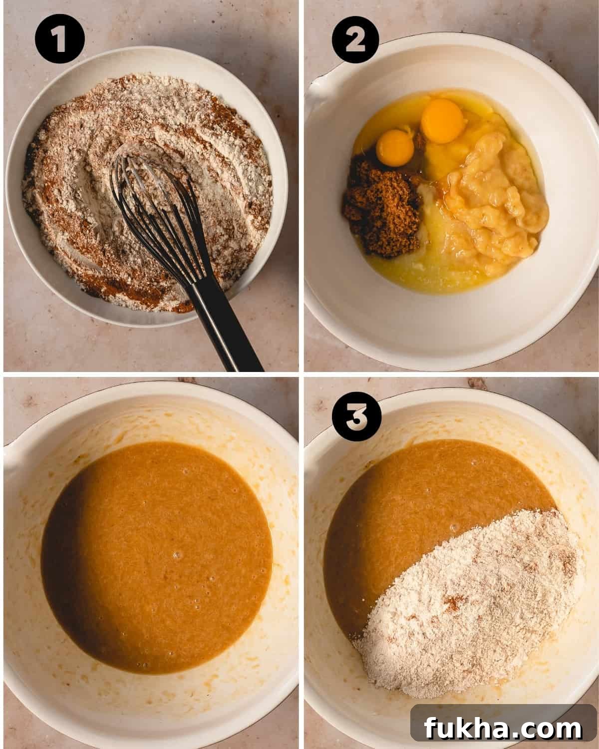 Preheat the oven to 350 F (177 C). Grease a 6 ct. donut pan or muffin pan (see expert tips). In a large bowl, whisk the flour, baking powder, ground cinnamon and salt together until well combined. 
In another large bowl, pour the light brown sugar, eggs, mashed bananas, melted butter, and vanilla extract. Whisk well to fully combine. 
Add the dry ingredients to the wet. Whisk well until smooth and fully combined with no lumps. 