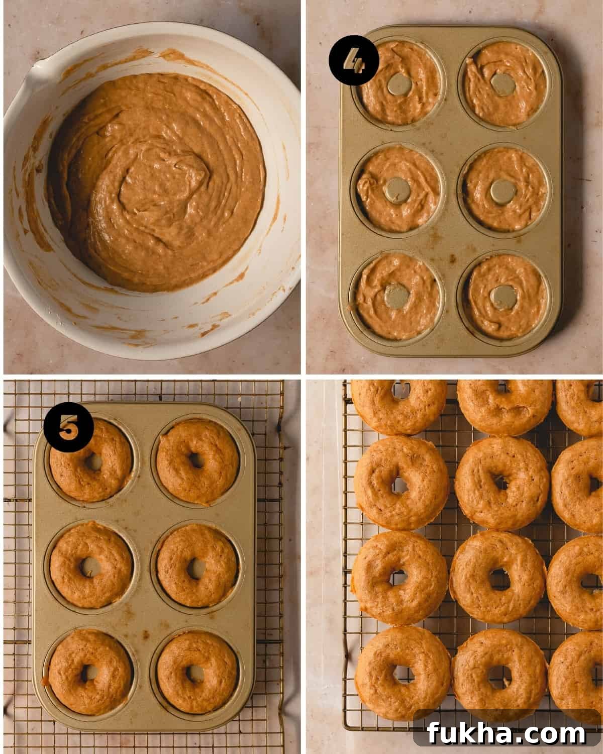 Spoon or pipe about one heaping tablespoon of banana donut batter into each of the prepared donut cavities in the donut pan. This should fill about ¾ of each cavity of the donut pan.
Bake the donuts for about 10-12 minutes. The donuts are done when the tops bounce back quickly when lightly pressed. Cool the donuts in the pan for 10 minutes before gently taking them out to cool on a cooling rack.