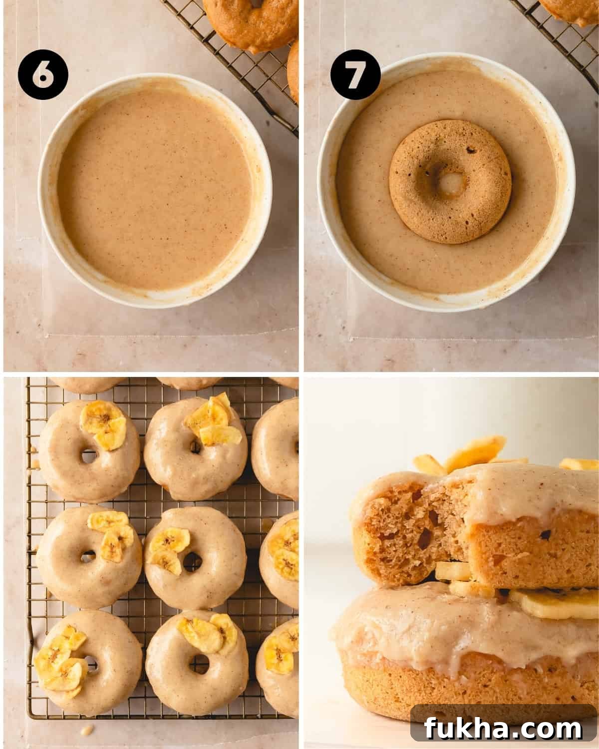 Make the brown butter glaze for banana donuts, dip the donuts in the glaze and top with banana chips if you like. 