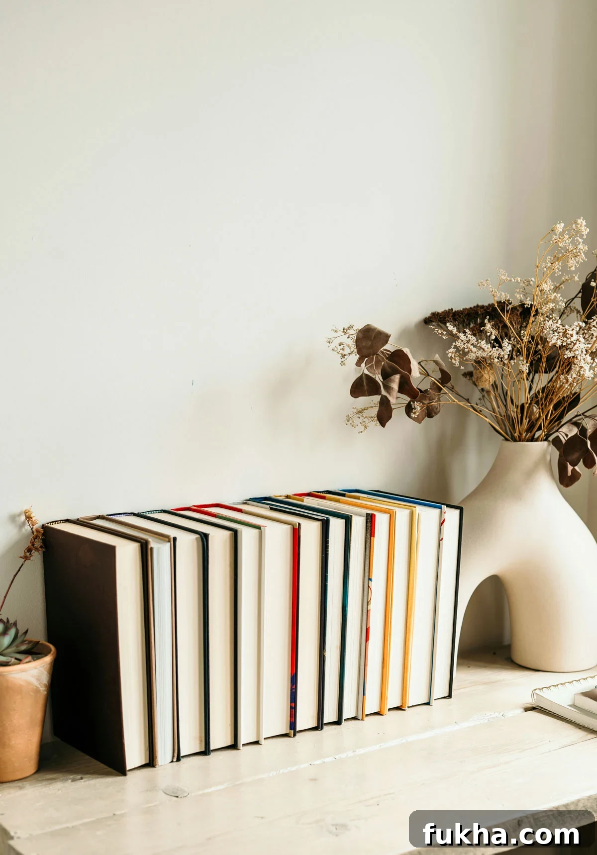 7 Items I Stopped Buying to Declutter Our Home 2 books and vase with flowers and a potted succulent on a wooden desk