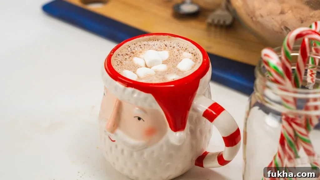 Homemade Hot Chocolate Mix Recipe for Holiday Gifts 2 Side shot of a Santa mug filled with homemade hot chocolate mix and marshmallows. A jar of candy canes in visible on the right.