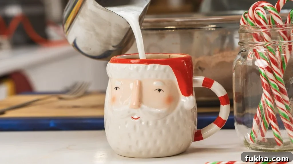 Homemade Hot Chocolate Mix Recipe for Holiday Gifts 4 A stainless steel cup full of hot milk is being poured into a Santa mug.