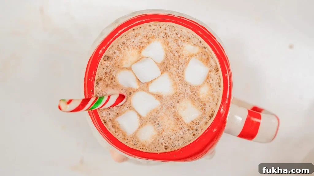 Homemade Hot Chocolate Mix Recipe for Holiday Gifts 5 Overhead shot of a mug filled with homemade hot chocolate mix and a candy cane.