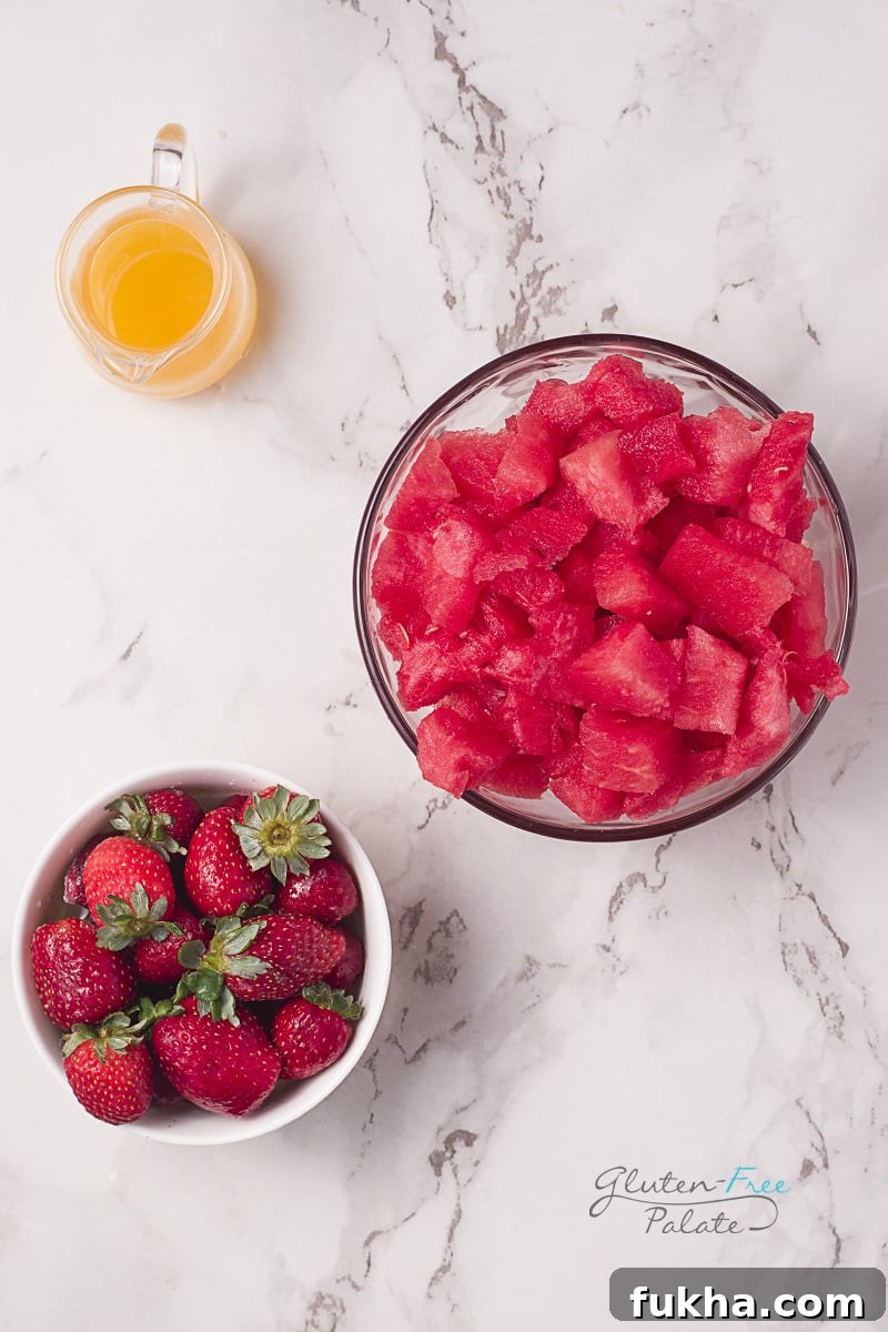 top down view of ingredients in a strawberry watermelon smoothie