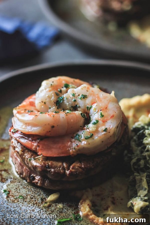 Surf and Turf recipe with filet mignon and shrimp with garlic butter sauce. #lowcarb #keto #dinner #skillet