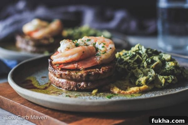 Steak And Shrimp Surf And Turf - petite filet mignon topped with shrimp scampi served with creamy spinach and artichoke.