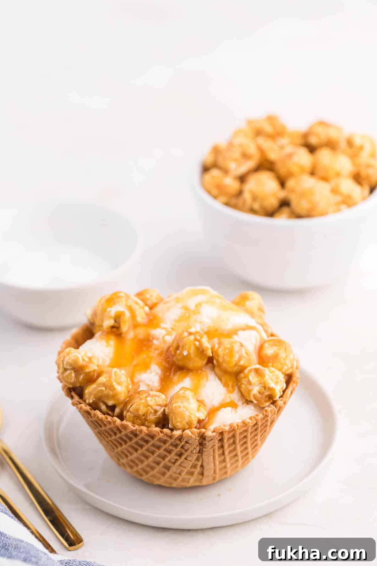Caramel Crunch Ice Cream Sundae Recipe 2 Caramel crunch ice cream sundae on a plate.