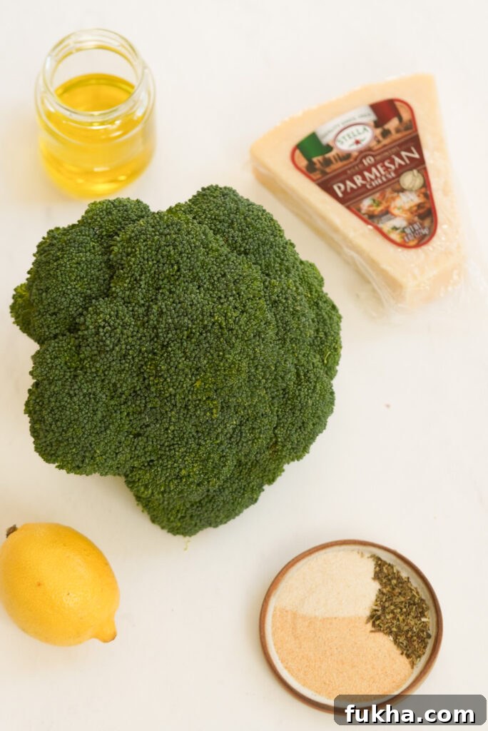 Crispy Smashed Broccoli with Parmesan 4 flat lay shot of ingredients needed to make parmesan smashed broccoli.