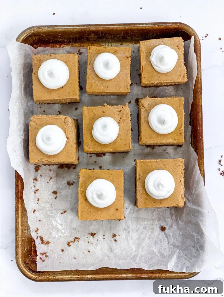 slices of pumpkin cheesecake bars with gingersnap crust cut into squares and topped with whip cream