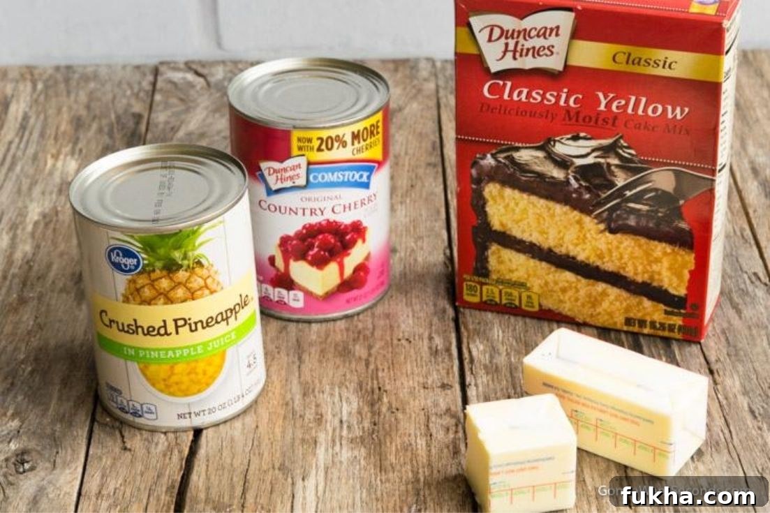 Cherry pineapple dump cake prepared ingredients