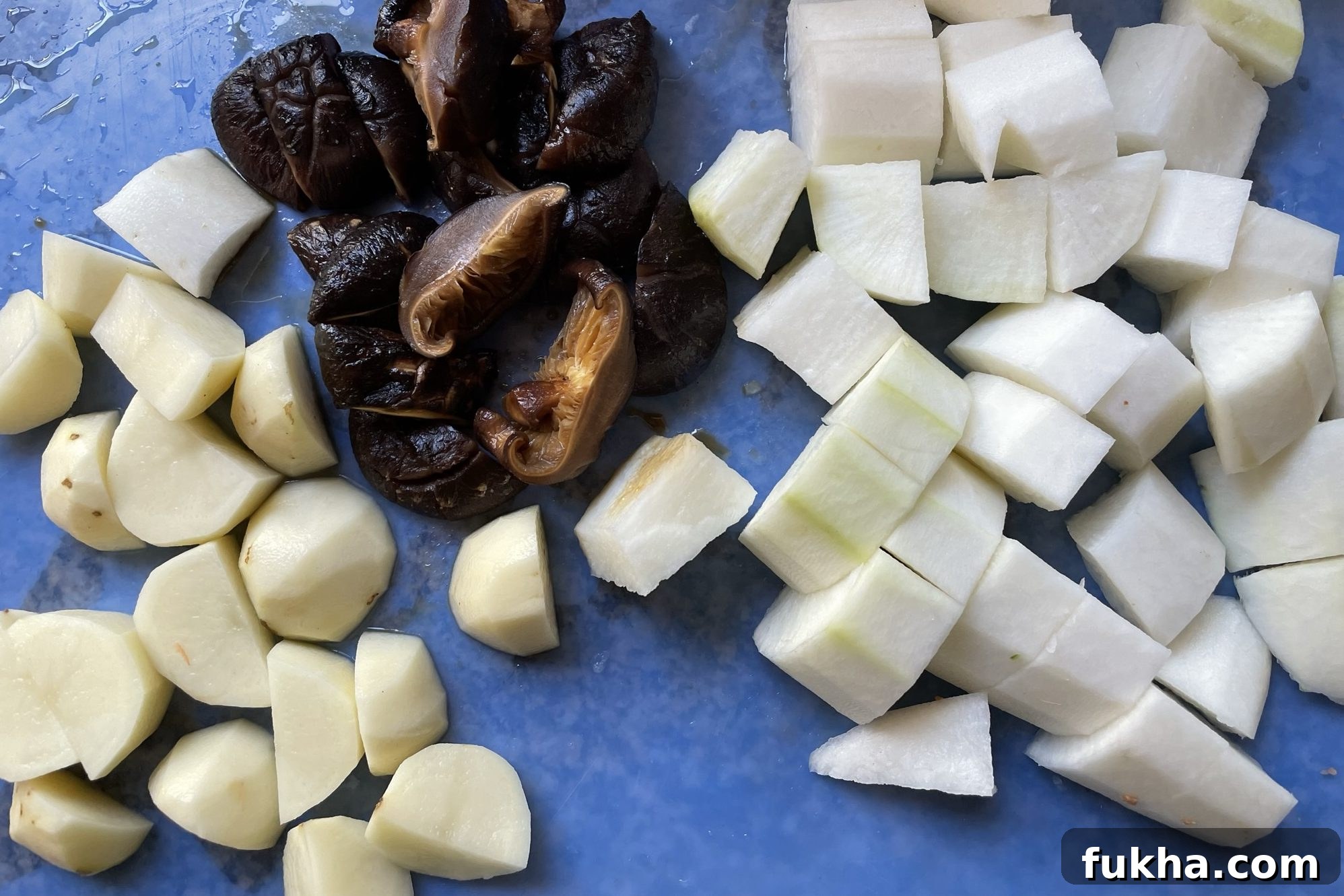 Cubed shitake mushrooms, daikon and potatoes. Cubed shitake mushrooms, daikon and potatoes.