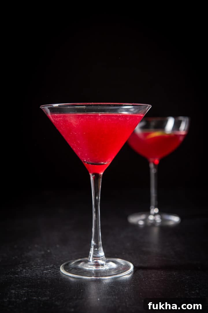 Pomegranate Cosmo Cocktail Recipe 7 Vertical view of the classic martini glass with the red cosmo
