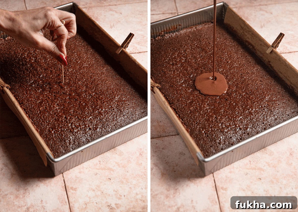 Pricking a cake with a toothpick and drizzling the cake with chocolate ganache.