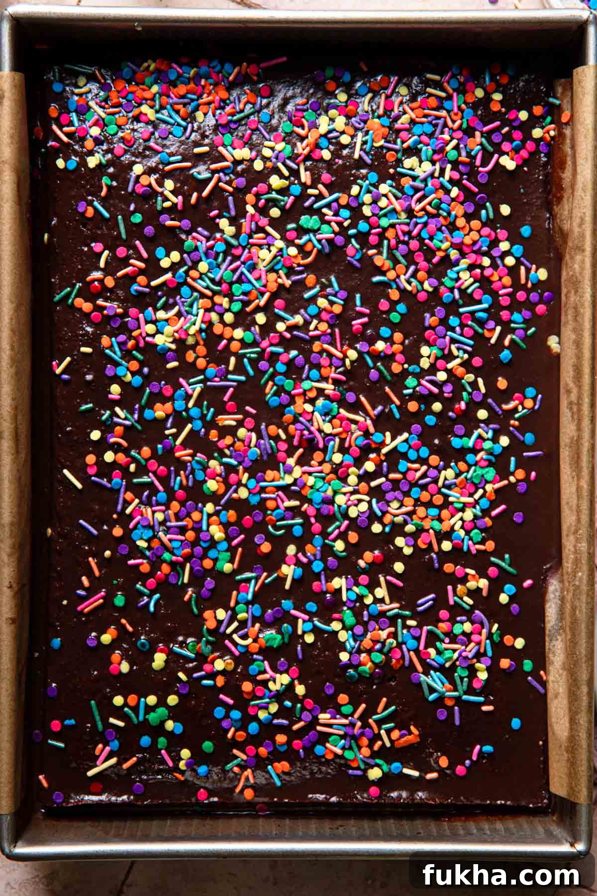 Finished chocolate sprinkle cake.