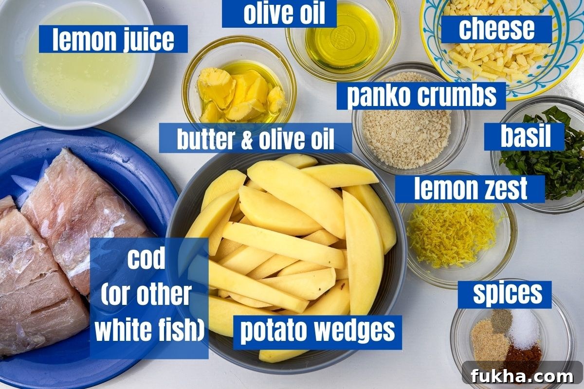 Individual ingredients for panko baked cod with lemon butter sauce from above 