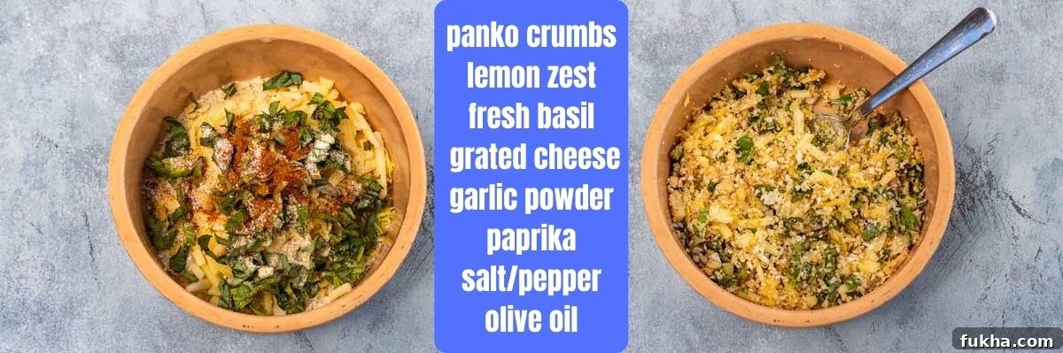 Collage of 2 images showing ingredients for panko topping for cod with the ingredients written in the middle