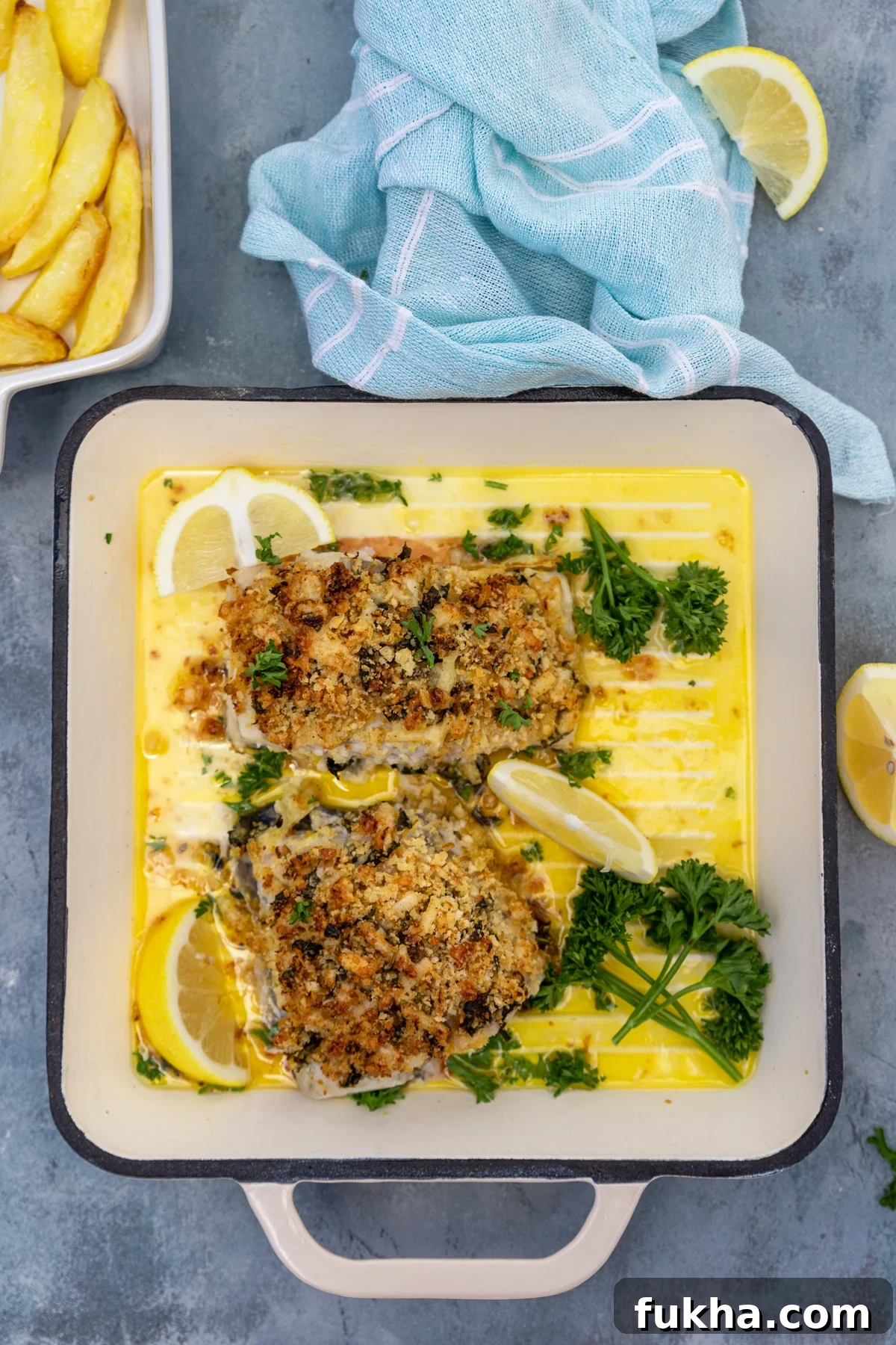 baked cod with panko in a square shaped beige cast iron pan on a blue background  with blue tea towel from above