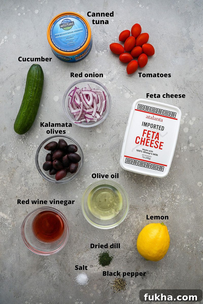 Mediterranean Tuna Salad with Feta and Lemon Vinaigrette 3 Ingredients used to make Mediterranean tuna salad