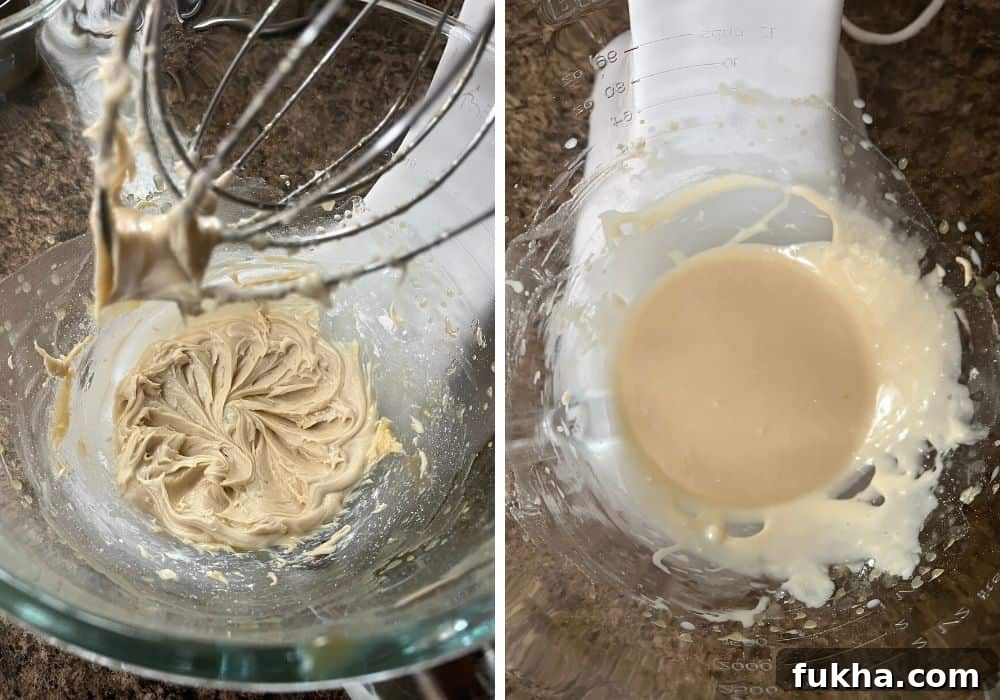 two photos; one shows caramel mixture and powdered sugar beaten together in a glass mixing bowl; the other shows milk added to the mixture to thin it out to a pourable consistency.