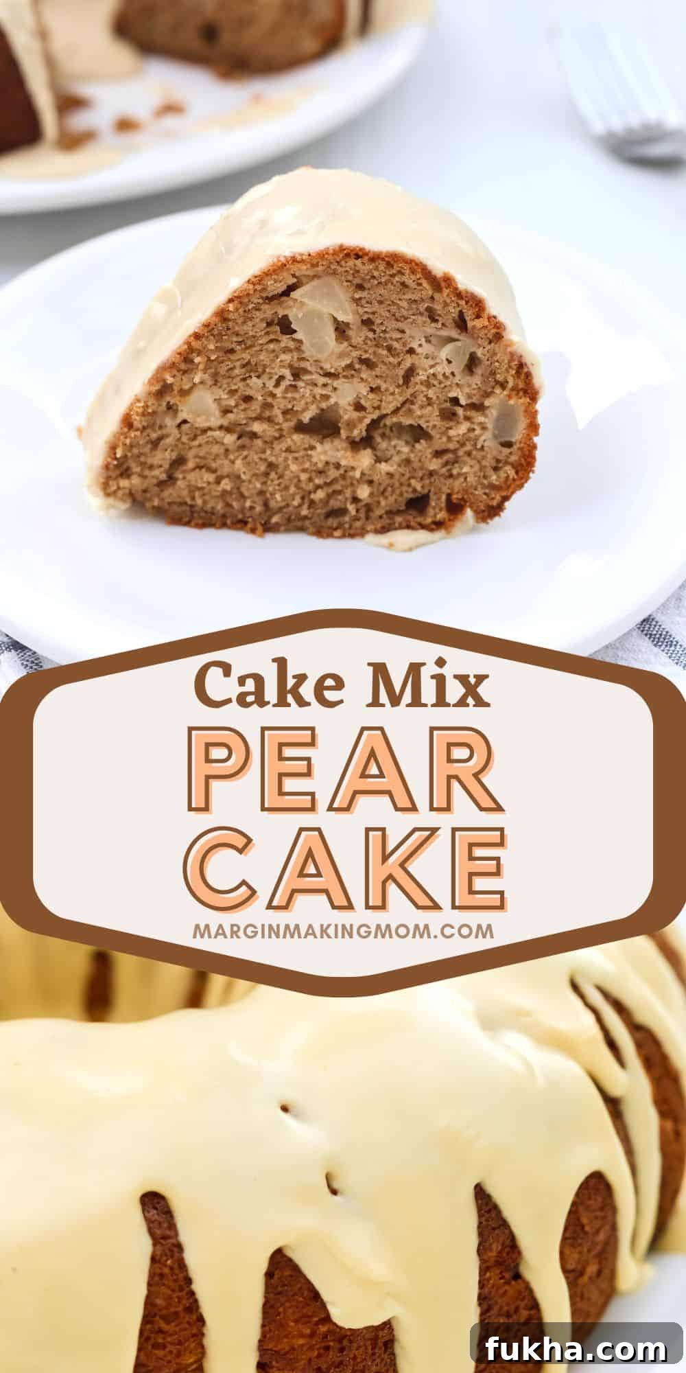 two photos; one shows a slice of cake mix pear cake on a white plate, the other shows the whole bundt cake drizzled with icing.