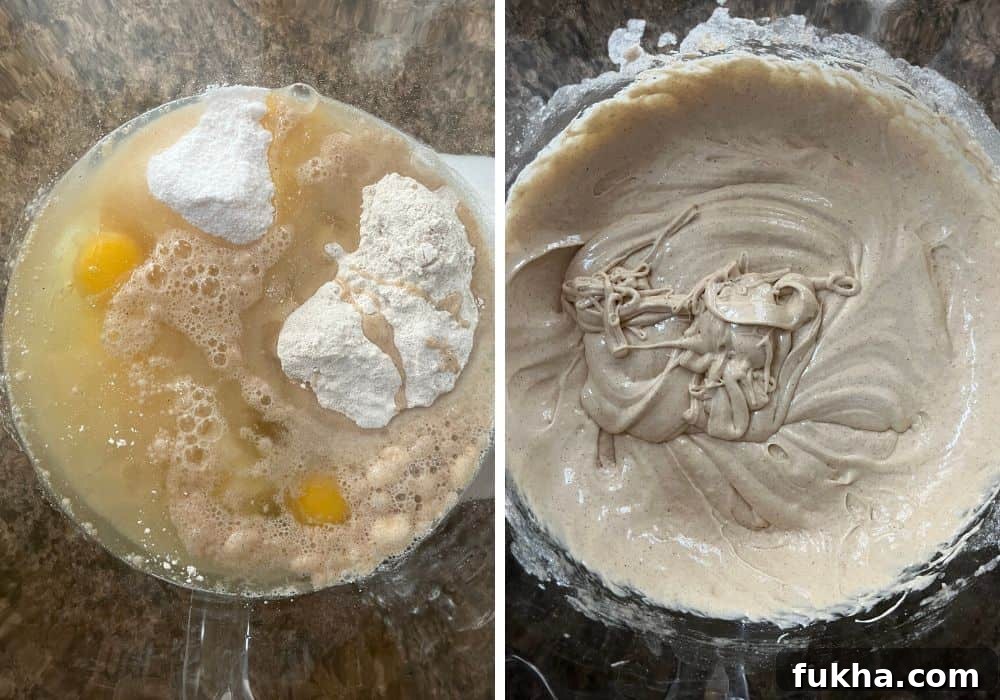 two photos; one shows cake ingredients in a mixing bowl, the other shows them mixed together to form a batter.