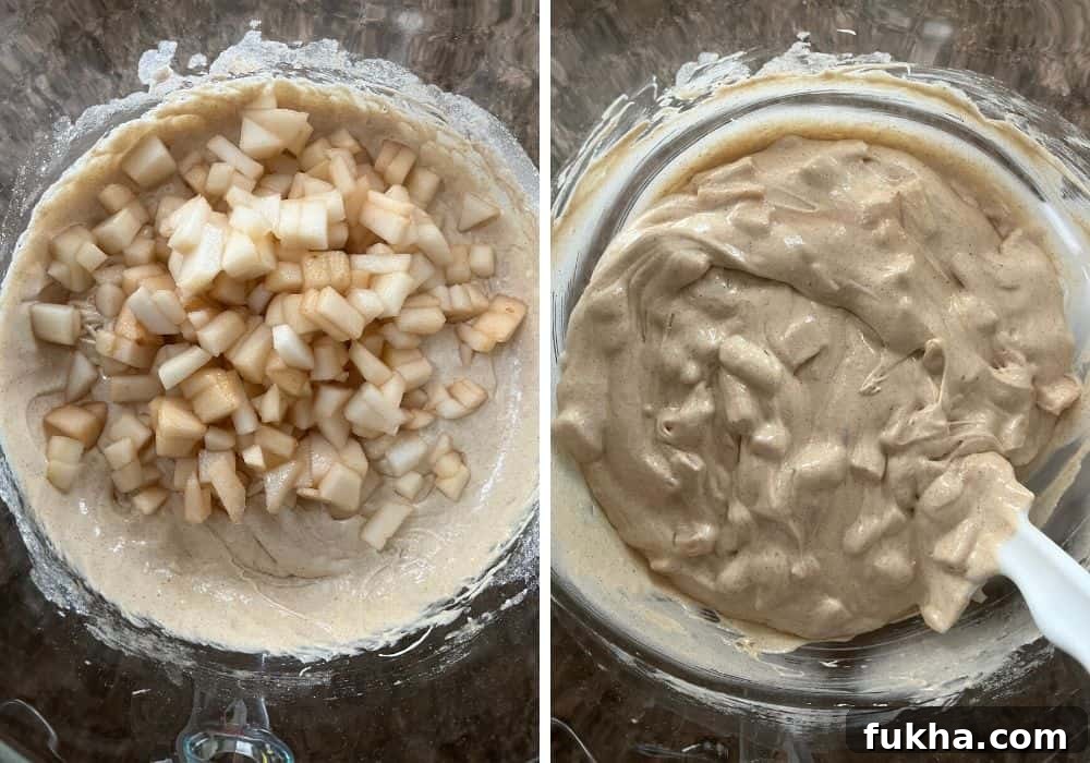 two photos; one shows diced fresh pears on top of the batter, the other shows them stirred into the batter.