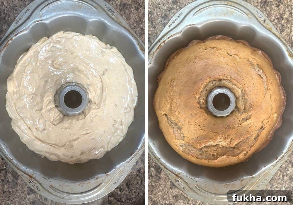two photos; one shows pear cake batter in a bundt pan, the other shows the freshly baked pear cake still in the pan.